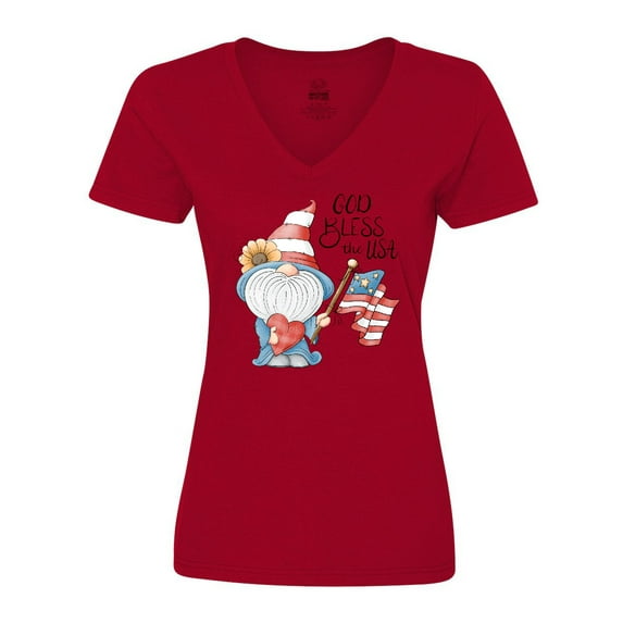 Inktastic God Bless the USA Gnome Women's V-Neck T-Shirt
