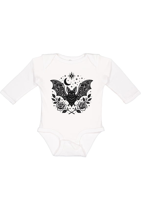 Gothic Bat with Moon and Roses Girls Long Sleeve Baby Bodysuit