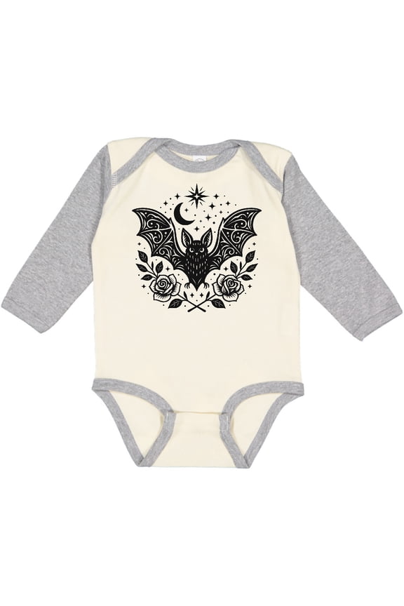 Gothic Bat with Moon and Roses Girls Long Sleeve Baby Bodysuit