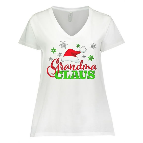 Inktastic Grandma Claus with Christmas Santa Hat and Snowflakes Women's Plus Size V-Neck T-Shirt