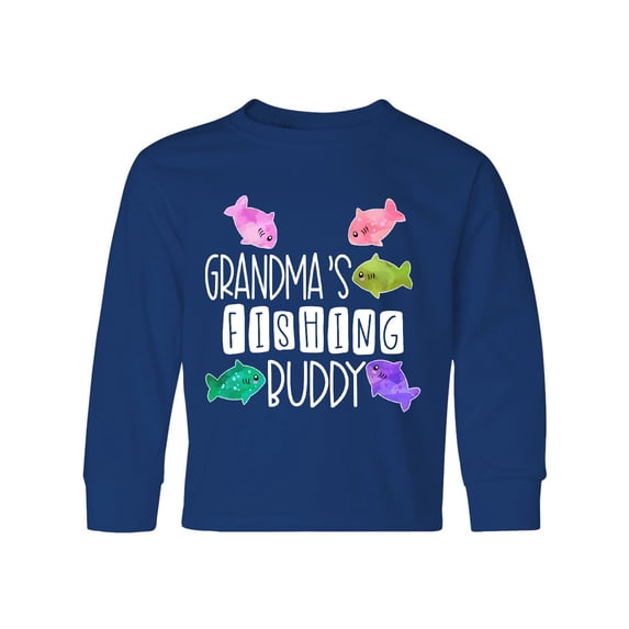 Inktastic Grandma's Fishing Buddy with Colorful Fish Long Sleeve Youth T-Shirt