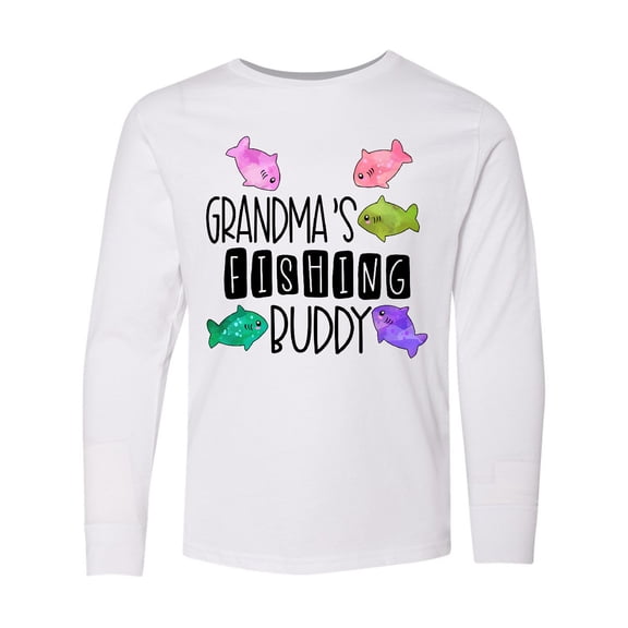 Inktastic Grandma's Fishing Buddy with Colorful Fish Long Sleeve Youth T-Shirt