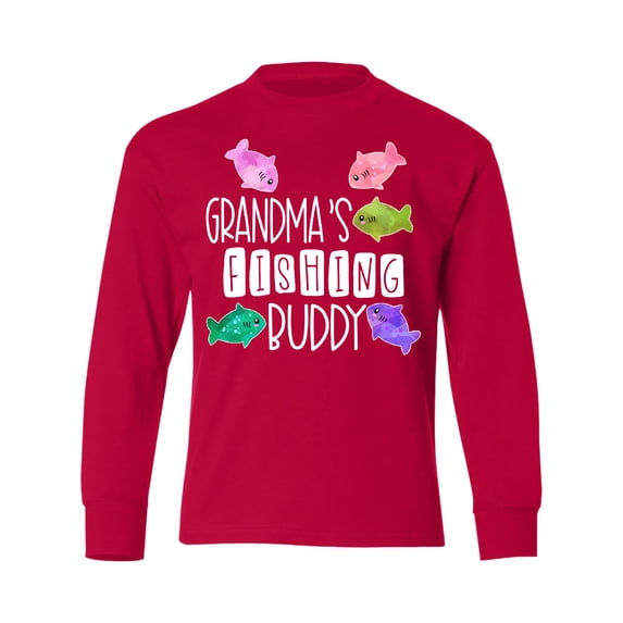 Inktastic Grandma's Fishing Buddy with Colorful Fish Long Sleeve Youth T-Shirt