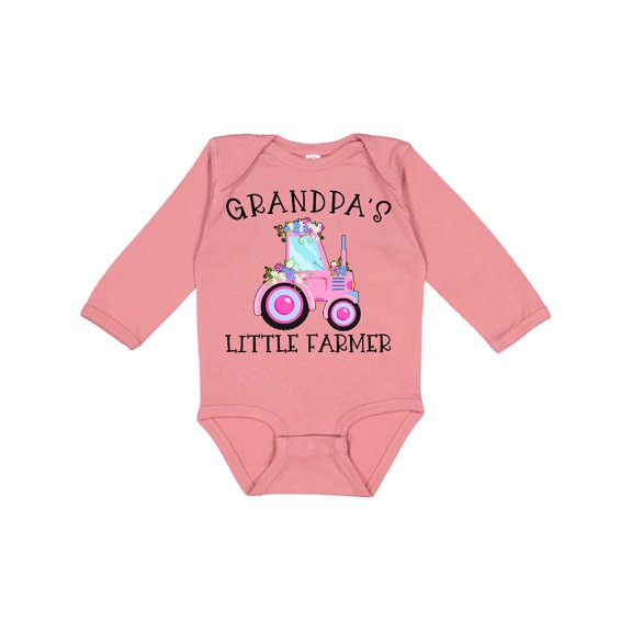Inktastic Grandpa's Little Farmer- Pink Tractor and Flowers Boys or Girls Long Sleeve Baby Bodysuit