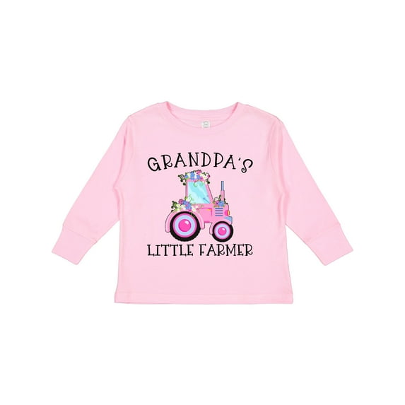 Inktastic Grandpa's Little Farmer Pink Tractor and Flowers Boys or Girls Long Sleeve Toddler T-Shirt