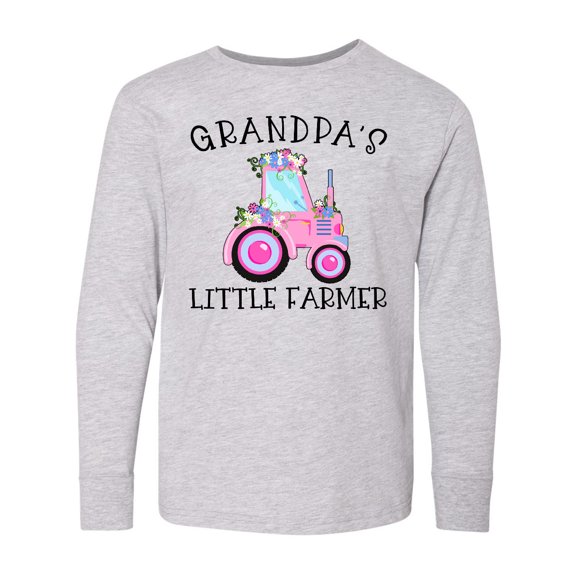 Inktastic Grandpa's Little Farmer- Pink Tractor and Flowers Long Sleeve Youth T-Shirt
