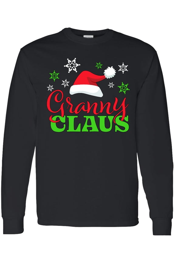 Granny Claus with Christmas Santa Hat and Snowflakes Long Sleeve T-Shirt