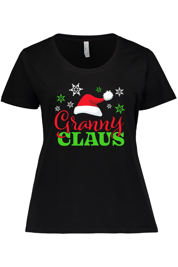 Granny Claus with Christmas Santa Hat and Snowflakes Women's Plus Size T-Shirt