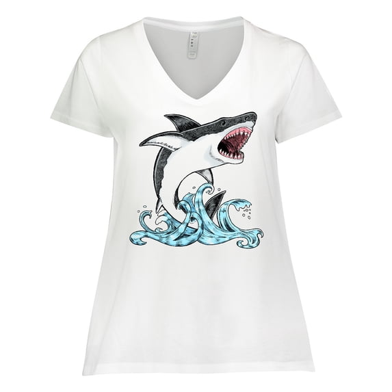 Inktastic Great White Shark Jumping Women's Plus Size V-Neck T-Shirt