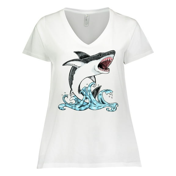 Inktastic Great White Shark Jumping Women's Plus Size V-Neck T-Shirt