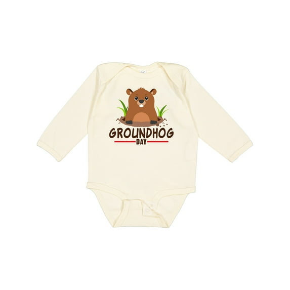 Inktastic Groundhog Day with Cute Groundhog Illustration Boys or Girls Long Sleeve Baby Bodysuit