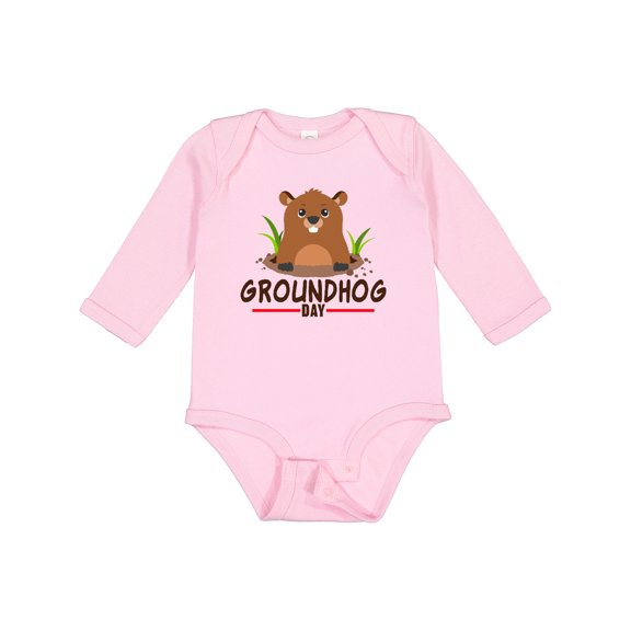 Inktastic Groundhog Day with Cute Groundhog Illustration Boys or Girls Long Sleeve Baby Bodysuit