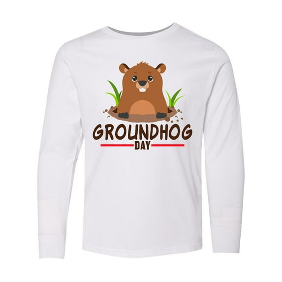 Inktastic Groundhog Day with Cute Groundhog Illustration Long Sleeve Youth T-Shirt