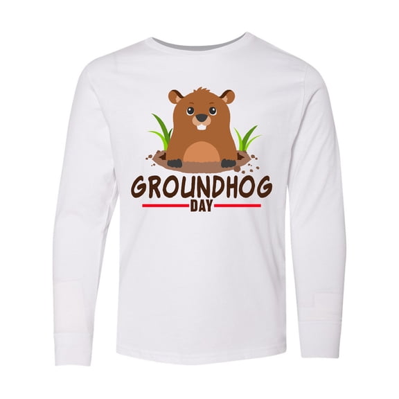 Inktastic Groundhog Day with Cute Groundhog Illustration Long Sleeve Youth T-Shirt