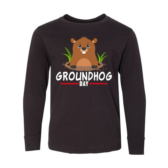 Inktastic Groundhog Day with Cute Groundhog Illustration Long Sleeve Youth T-Shirt