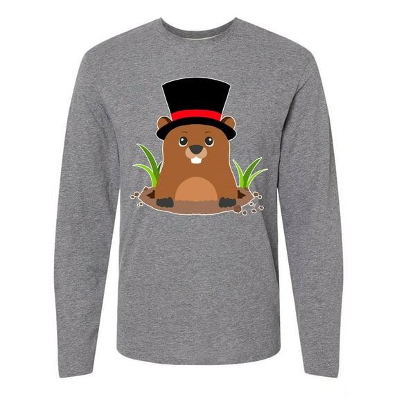 Inktastic Groundhog Day with Groundhog in Top Hat Long Sleeve T-Shirt