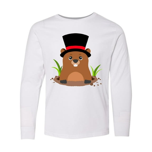Inktastic Groundhog Day with Groundhog in Top Hat Long Sleeve Youth T-Shirt