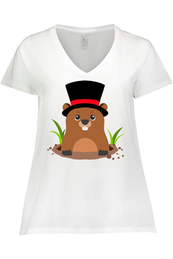 Groundhog Day with Groundhog in Top Hat Women's Plus Size V-Neck T-Shirt