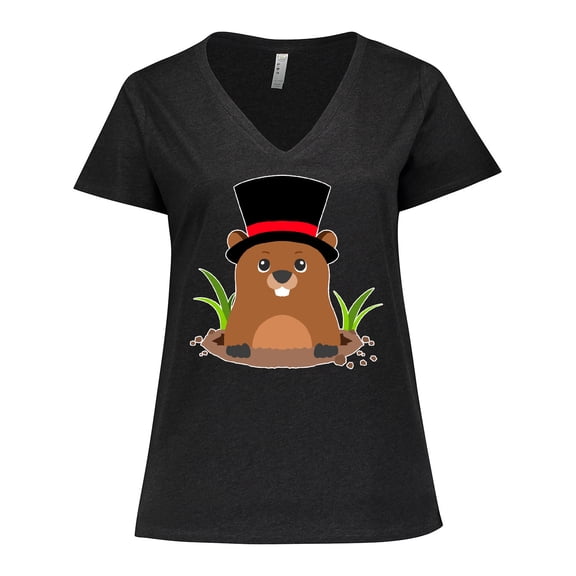 Inktastic Groundhog Day with Groundhog in Top Hat Women's Plus Size V-Neck T-Shirt