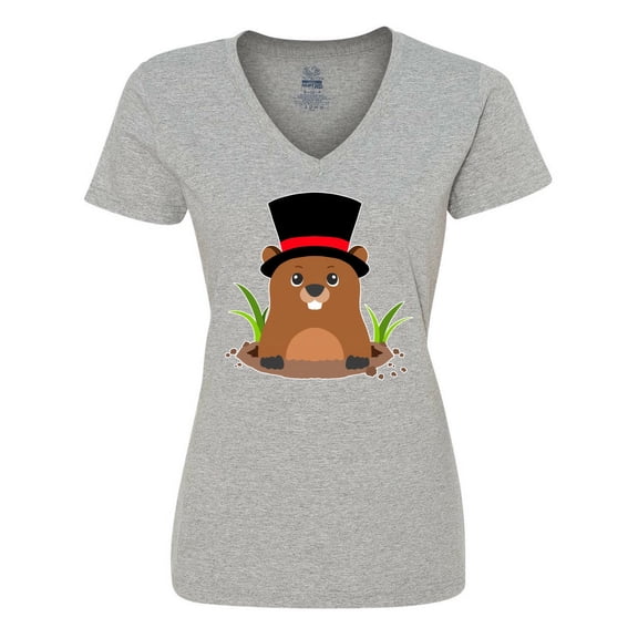 Inktastic Groundhog Day with Groundhog in Top Hat Women's V-Neck T-Shirt