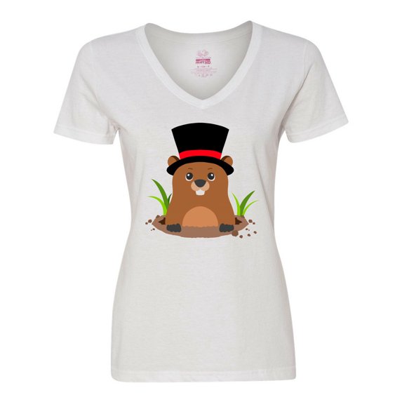Inktastic Groundhog Day with Groundhog in Top Hat Women's V-Neck T-Shirt