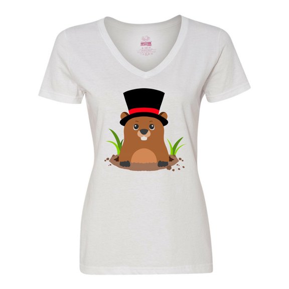 Inktastic Groundhog Day with Groundhog in Top Hat Women's V-Neck T-Shirt