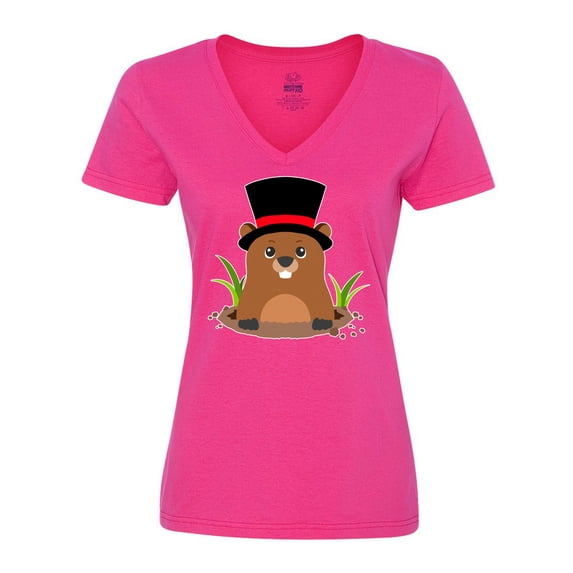 Inktastic Groundhog Day with Groundhog in Top Hat Women's V-Neck T-Shirt
