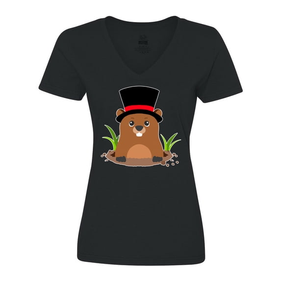 Inktastic Groundhog Day with Groundhog in Top Hat Women's V-Neck T-Shirt
