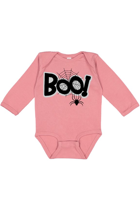 Halloween Boo with Spider and Web in Black Boys or Girls Long Sleeve Baby Bodysuit