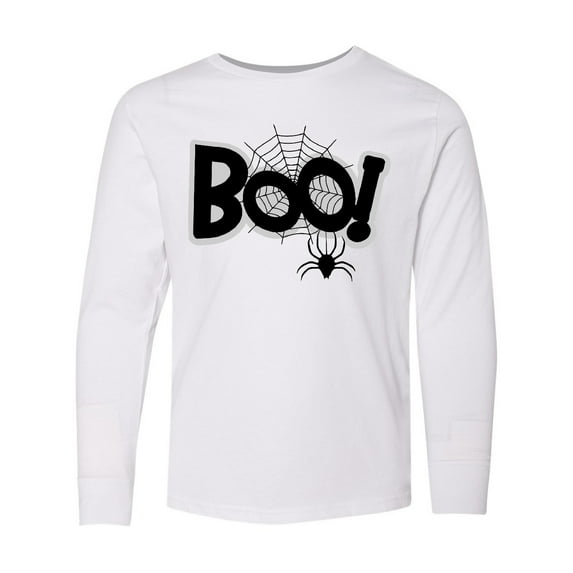 Inktastic Halloween Boo with Spider and Web in Black Long Sleeve Youth T-Shirt