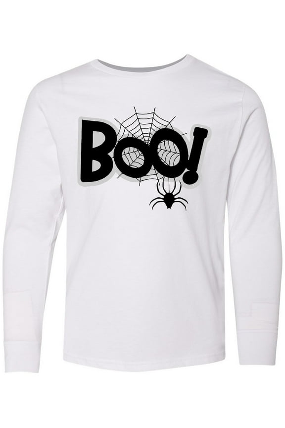 Halloween Boo with Spider and Web in Black Long Sleeve Youth T-Shirt