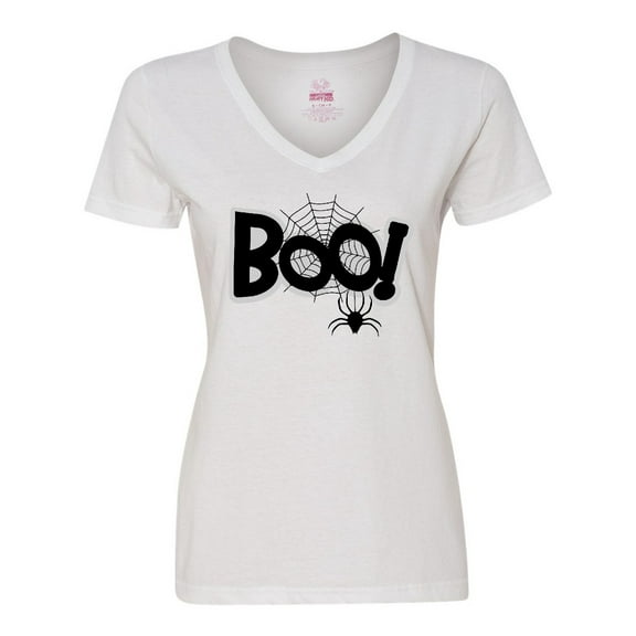 Inktastic Halloween Boo with Spider and Web in Black Women's V-Neck T-Shirt