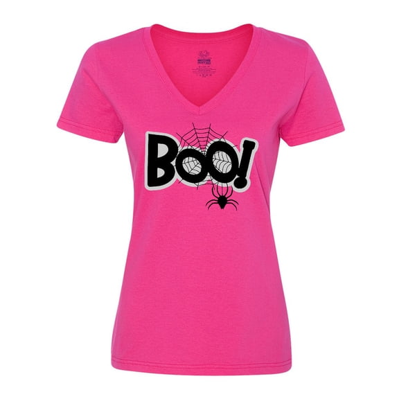 Inktastic Halloween Boo with Spider and Web in Black Women's V-Neck T-Shirt