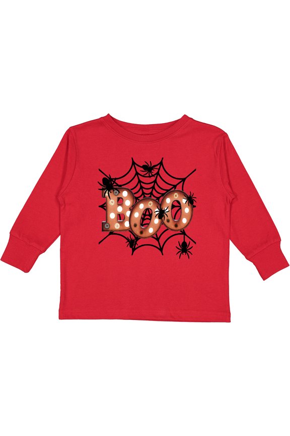 Halloween Boo with Spiders in Web Boys or Girls Long Sleeve Toddler T-Shirt