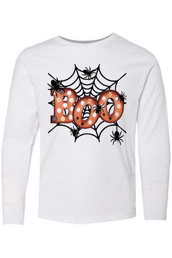 Halloween Boo with Spiders in Web Long Sleeve Youth T-Shirt