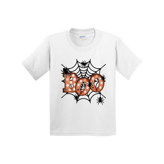 Inktastic Halloween Boo with Spiders in Web Youth T-Shirt