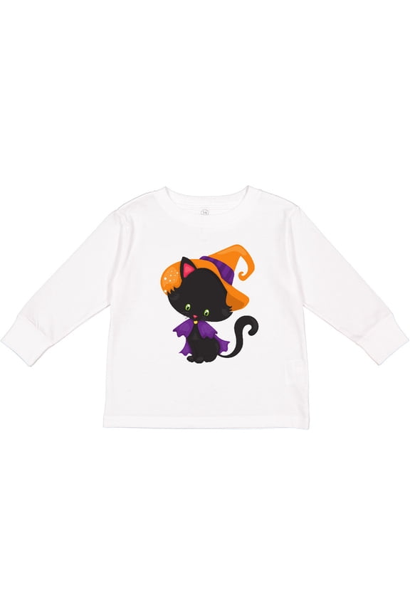 Halloween Cat, Cute Cat, Black Cat, Witch Hat Boys or Girls Long Sleeve Toddler T-Shirt