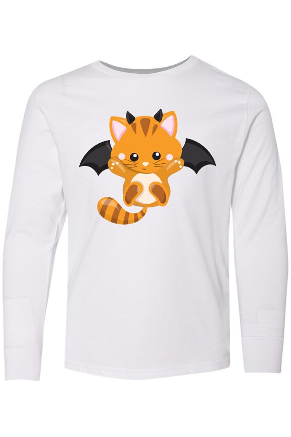 Halloween Cat, Orange Cat, Cute Cat, Bat Wings, Boo Long Sleeve Youth T-Shirt
