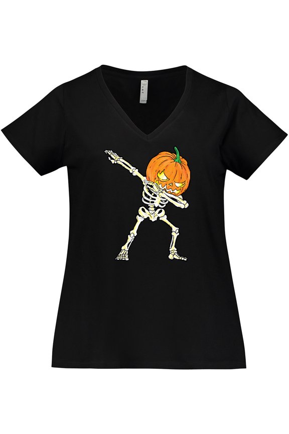 Halloween Dabbing Great Pumpkin Skeleton Women's Plus Size V-Neck T-Shirt