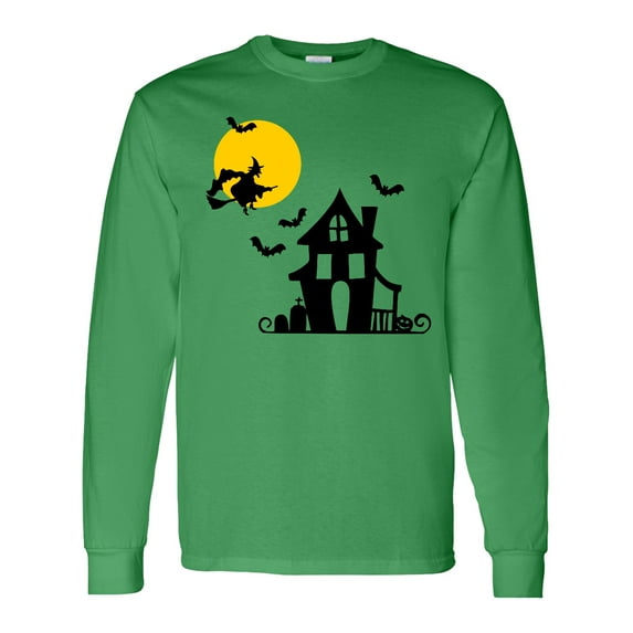 Inktastic Halloween Haunted House Witch and Bats Long Sleeve T-Shirt