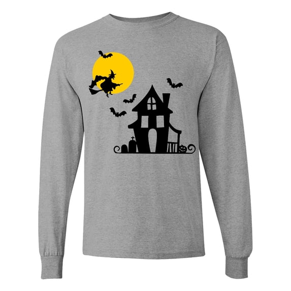 Inktastic Halloween Haunted House Witch and Bats Long Sleeve T-Shirt