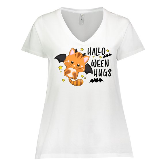 Inktastic Halloween Hugs with Cute Vampire Cat Bat Women's Plus Size V-Neck T-Shirt