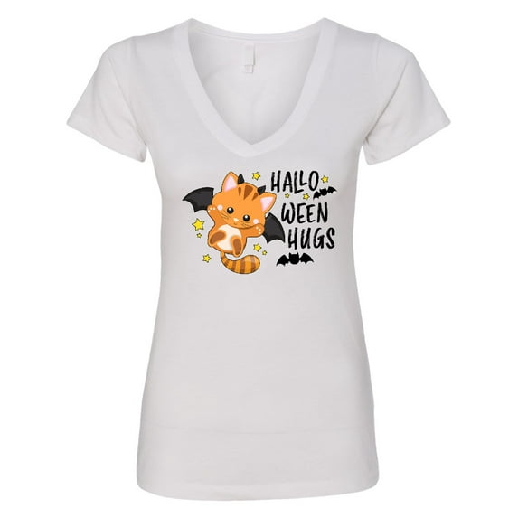 Inktastic Halloween Hugs with Cute Vampire Cat Bat Women's V-Neck T-Shirt