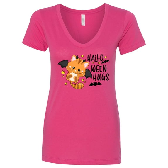 Inktastic Halloween Hugs with Cute Vampire Cat Bat Women's V-Neck T-Shirt