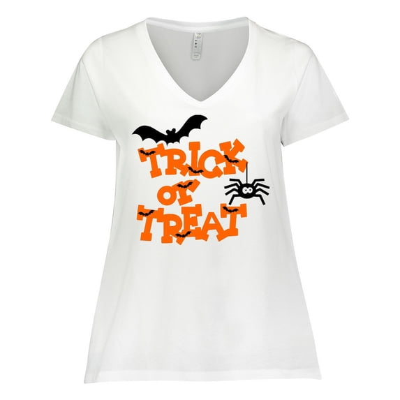 Inktastic Halloween Trick-or-Treat with Spider and Bats Women's Plus Size V-Neck T-Shirt