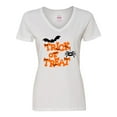 thumbnail image 1 of Inktastic Halloween Trick-or-Treat with Spider and Bats Women's V-Neck T-Shirt, 1 of 5