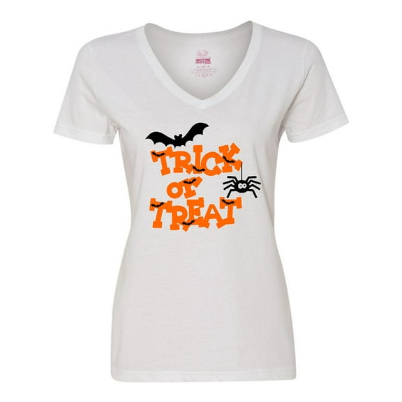 Inktastic Halloween Trick-or-Treat with Spider and Bats Women's V-Neck T-Shirt