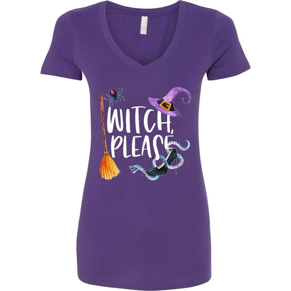 Inktastic Halloween Witch, Please Broom, Purple Hat, Spider and Snake Women's V-Neck T-Shirt