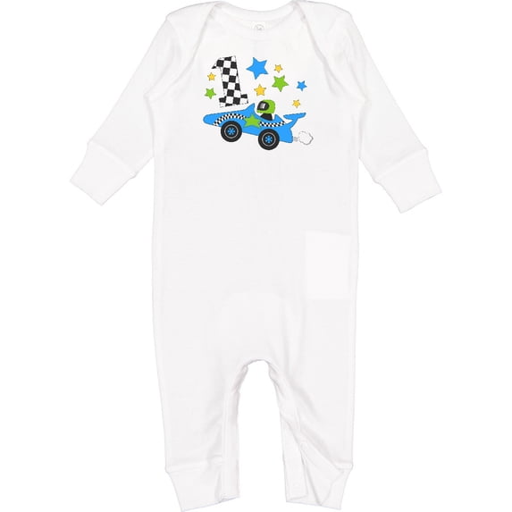 Inktastic Happy 1st Birthday Blue Racing Car Baby Romper Coveralls