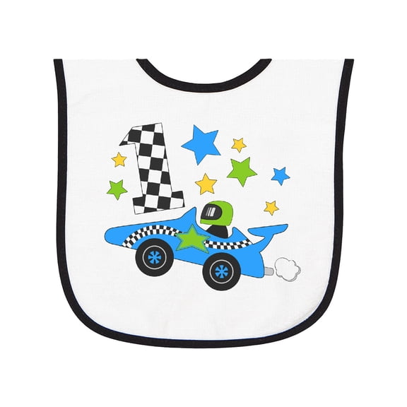 Inktastic Happy 1st Birthday Blue Racing Car Baby Terry Cloth Bib